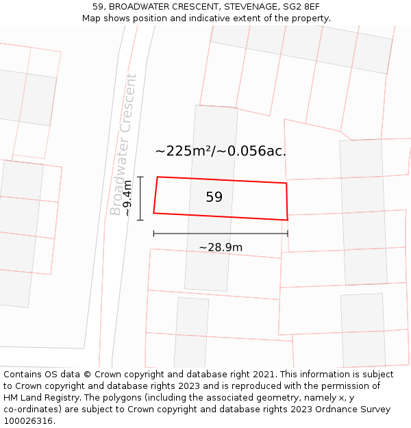 59, BROADWATER CRESCENT, STEVENAGE, SG2 8EF: Plot and title map