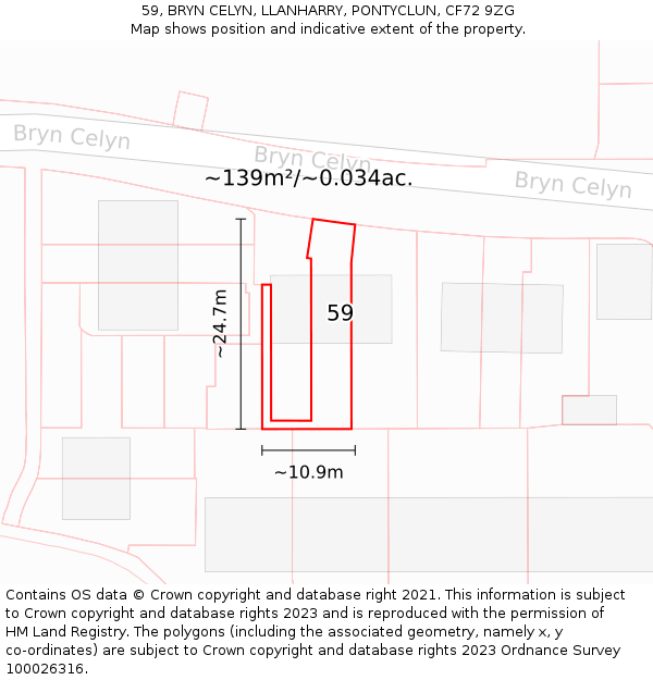59, BRYN CELYN, LLANHARRY, PONTYCLUN, CF72 9ZG: Plot and title map