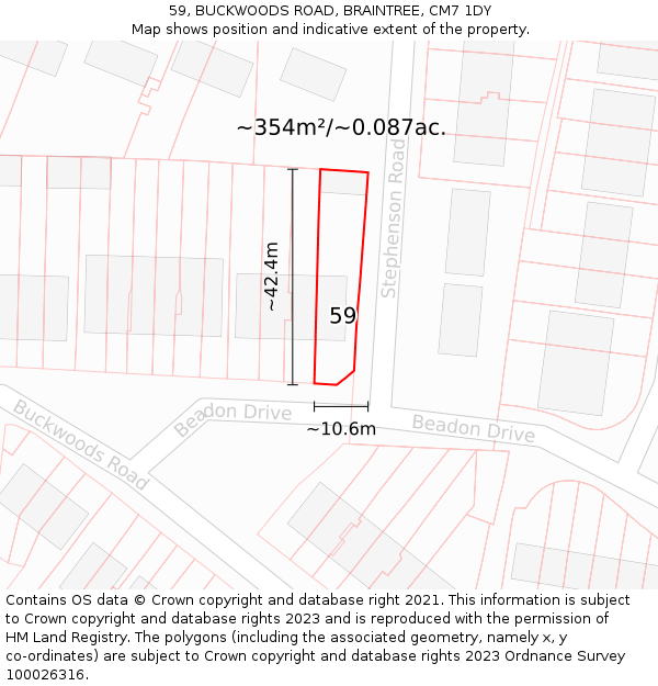 59, BUCKWOODS ROAD, BRAINTREE, CM7 1DY: Plot and title map