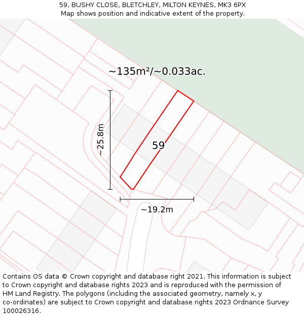 59, BUSHY CLOSE, BLETCHLEY, MILTON KEYNES, MK3 6PX: Plot and title map