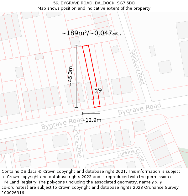 59, BYGRAVE ROAD, BALDOCK, SG7 5DD: Plot and title map