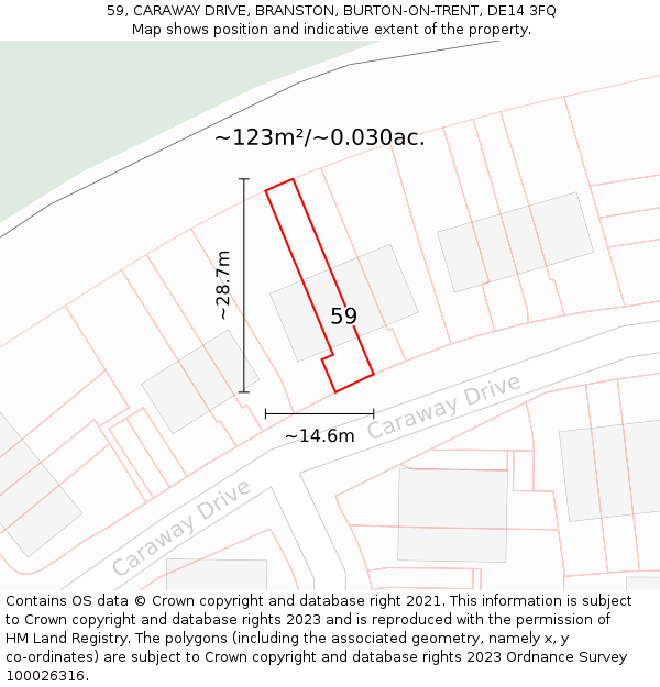59, CARAWAY DRIVE, BRANSTON, BURTON-ON-TRENT, DE14 3FQ: Plot and title map
