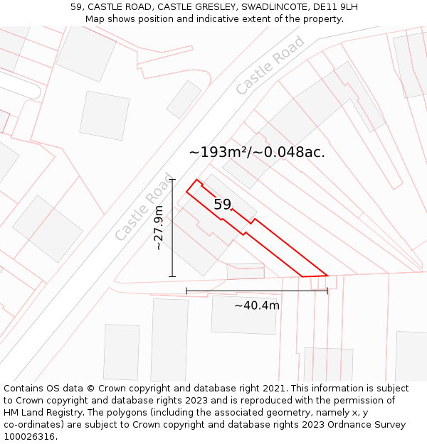 59, CASTLE ROAD, CASTLE GRESLEY, SWADLINCOTE, DE11 9LH: Plot and title map