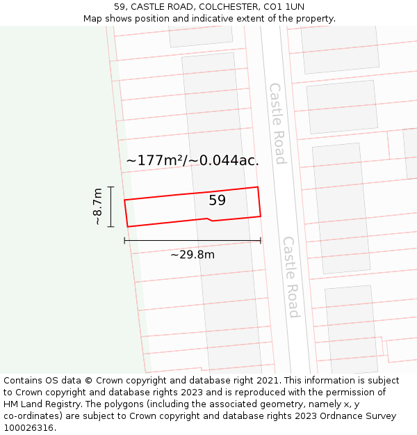 59, CASTLE ROAD, COLCHESTER, CO1 1UN: Plot and title map
