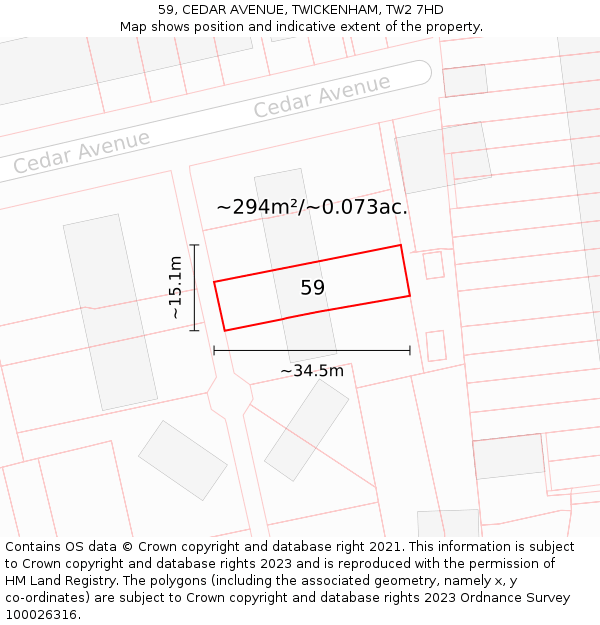 59, CEDAR AVENUE, TWICKENHAM, TW2 7HD: Plot and title map