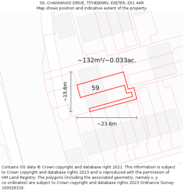 59, CHANNINGS DRIVE, TITHEBARN, EXETER, EX1 4AR: Plot and title map