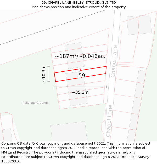 59, CHAPEL LANE, EBLEY, STROUD, GL5 4TD: Plot and title map