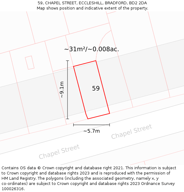 59, CHAPEL STREET, ECCLESHILL, BRADFORD, BD2 2DA: Plot and title map