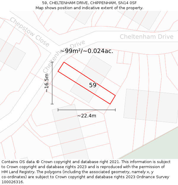 59, CHELTENHAM DRIVE, CHIPPENHAM, SN14 0SF: Plot and title map