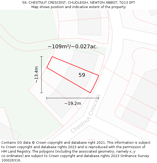 59, CHESTNUT CRESCENT, CHUDLEIGH, NEWTON ABBOT, TQ13 0PT: Plot and title map
