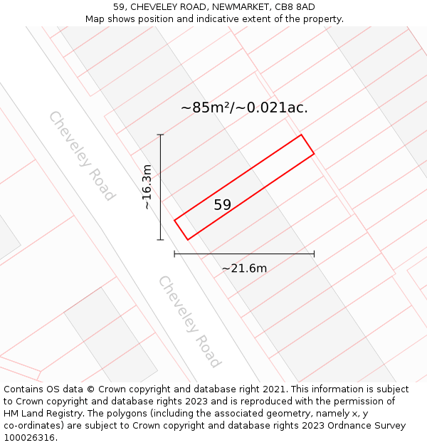 59, CHEVELEY ROAD, NEWMARKET, CB8 8AD: Plot and title map