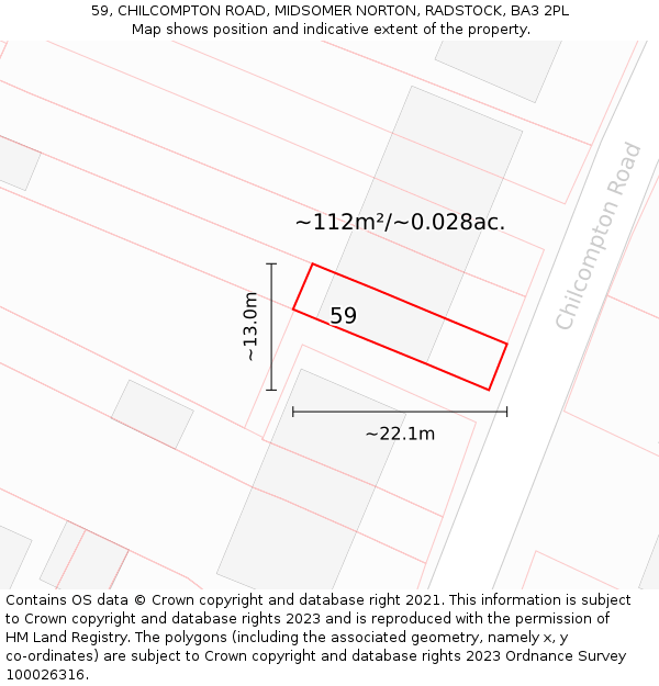 59, CHILCOMPTON ROAD, MIDSOMER NORTON, RADSTOCK, BA3 2PL: Plot and title map