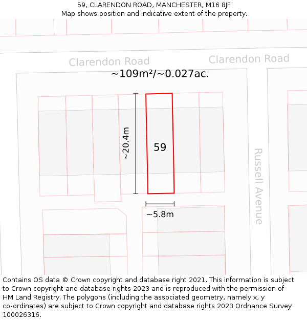 59, CLARENDON ROAD, MANCHESTER, M16 8JF: Plot and title map