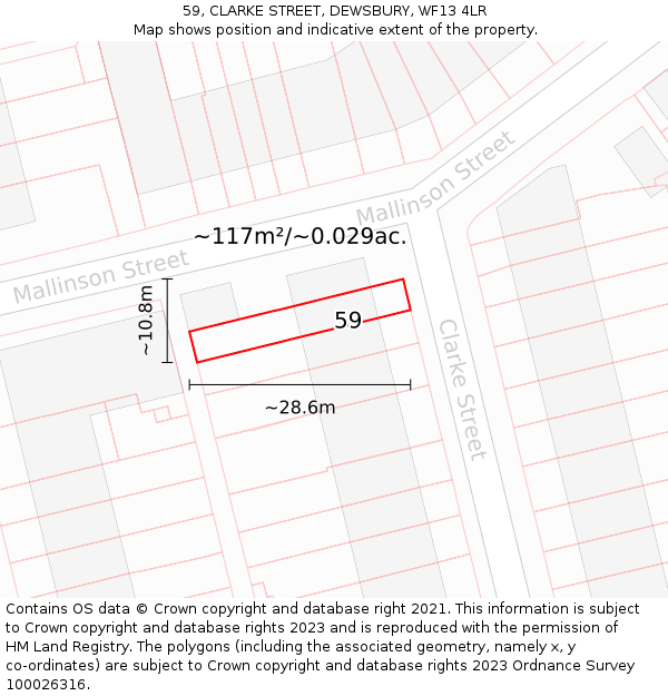 59, CLARKE STREET, DEWSBURY, WF13 4LR: Plot and title map