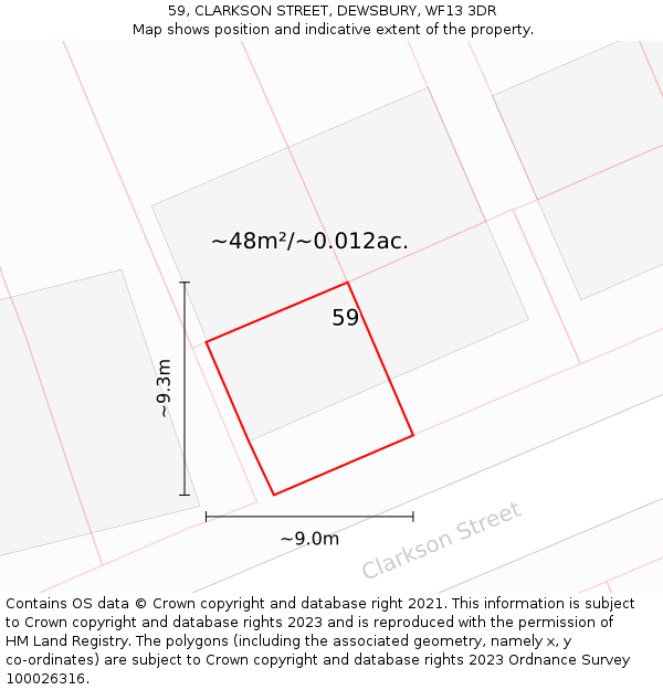 59, CLARKSON STREET, DEWSBURY, WF13 3DR: Plot and title map