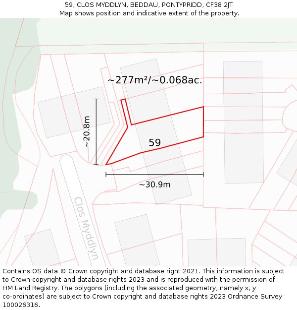 59, CLOS MYDDLYN, BEDDAU, PONTYPRIDD, CF38 2JT: Plot and title map