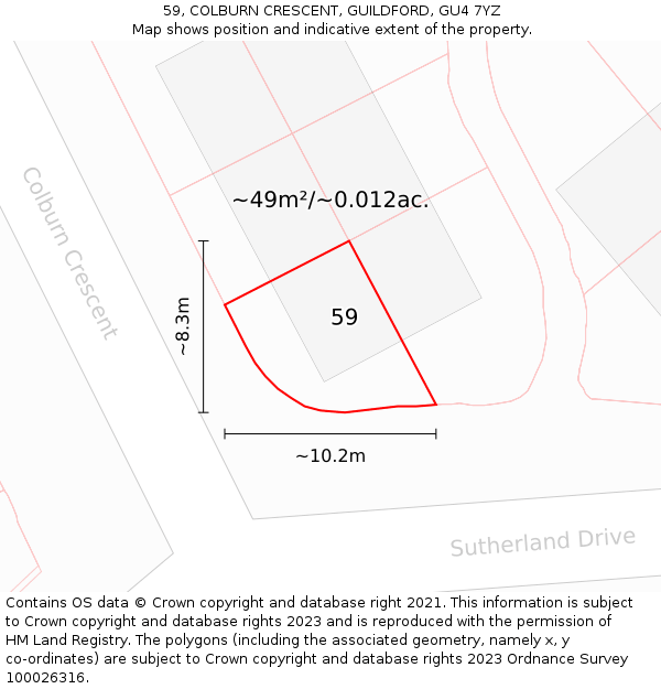 59, COLBURN CRESCENT, GUILDFORD, GU4 7YZ: Plot and title map