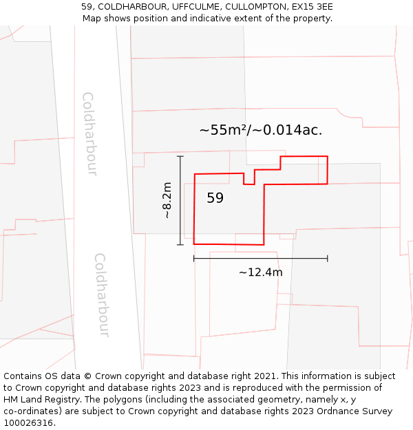 59, COLDHARBOUR, UFFCULME, CULLOMPTON, EX15 3EE: Plot and title map