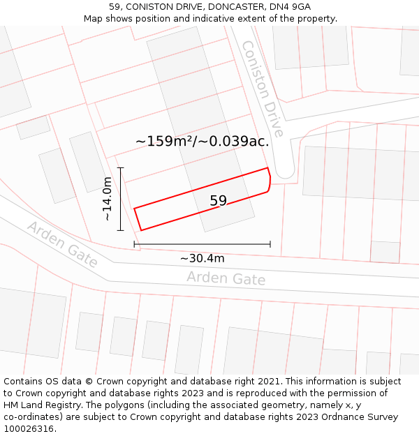 59, CONISTON DRIVE, DONCASTER, DN4 9GA: Plot and title map