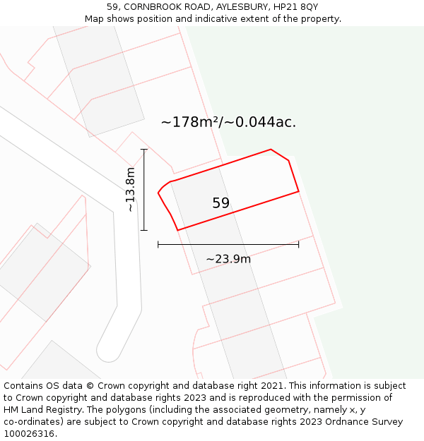 59, CORNBROOK ROAD, AYLESBURY, HP21 8QY: Plot and title map