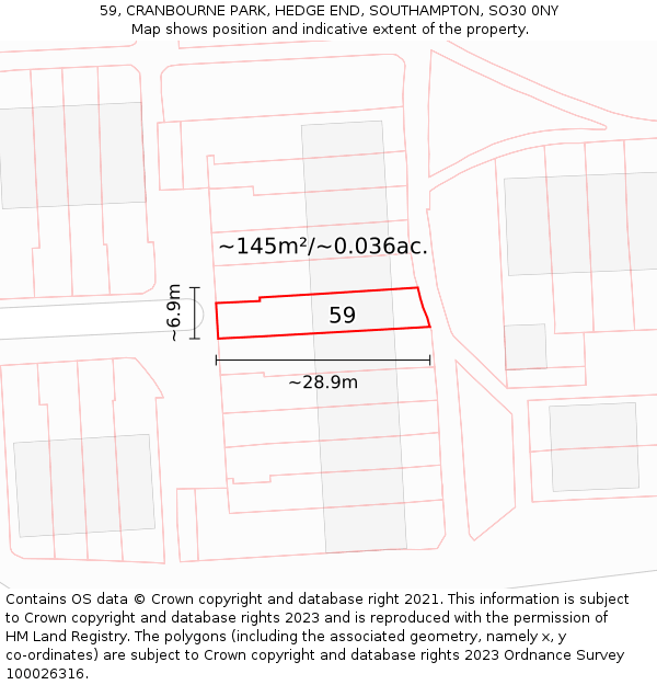59, CRANBOURNE PARK, HEDGE END, SOUTHAMPTON, SO30 0NY: Plot and title map