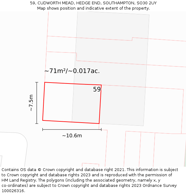 59, CUDWORTH MEAD, HEDGE END, SOUTHAMPTON, SO30 2UY: Plot and title map