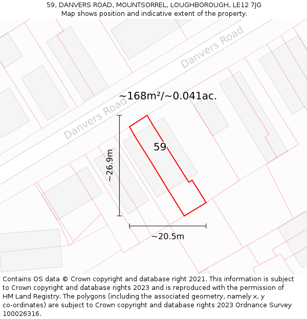 59, DANVERS ROAD, MOUNTSORREL, LOUGHBOROUGH, LE12 7JG: Plot and title map