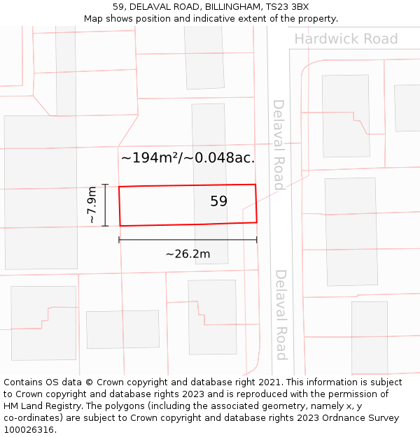 59, DELAVAL ROAD, BILLINGHAM, TS23 3BX: Plot and title map