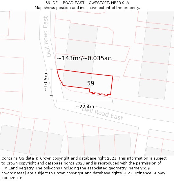 59, DELL ROAD EAST, LOWESTOFT, NR33 9LA: Plot and title map