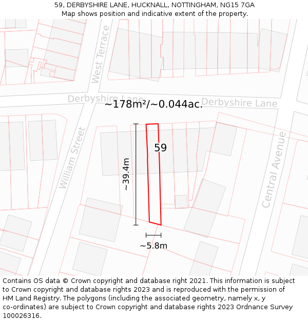 59, DERBYSHIRE LANE, HUCKNALL, NOTTINGHAM, NG15 7GA: Plot and title map
