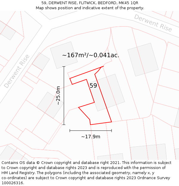 59, DERWENT RISE, FLITWICK, BEDFORD, MK45 1QR: Plot and title map