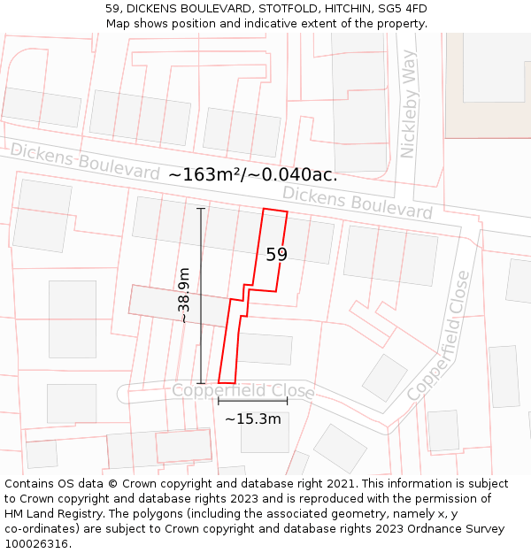 59, DICKENS BOULEVARD, STOTFOLD, HITCHIN, SG5 4FD: Plot and title map