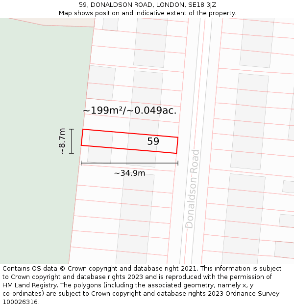59, DONALDSON ROAD, LONDON, SE18 3JZ: Plot and title map