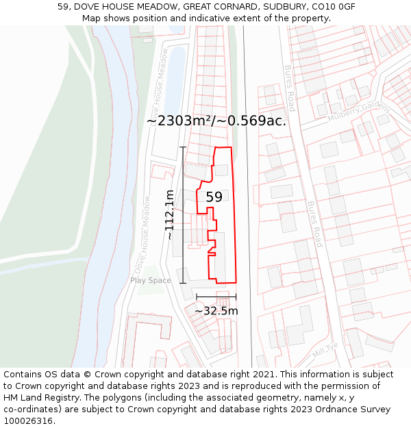 59, DOVE HOUSE MEADOW, GREAT CORNARD, SUDBURY, CO10 0GF: Plot and title map