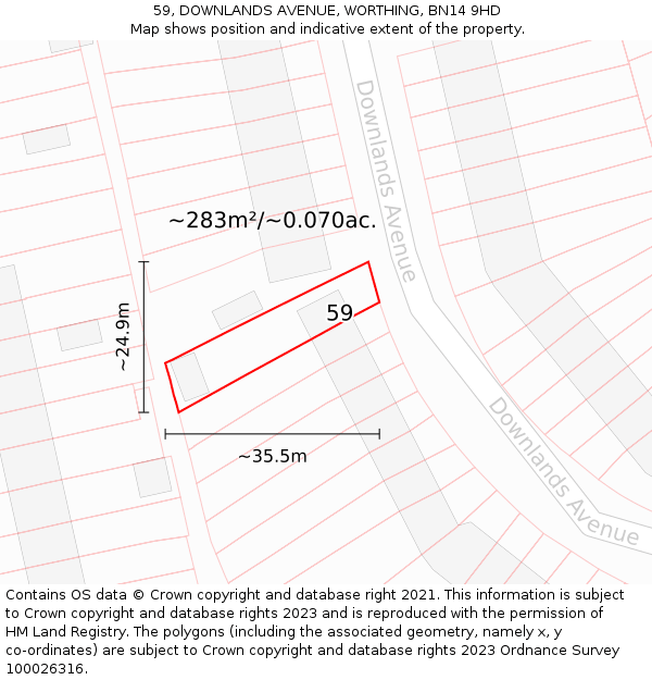 59, DOWNLANDS AVENUE, WORTHING, BN14 9HD: Plot and title map