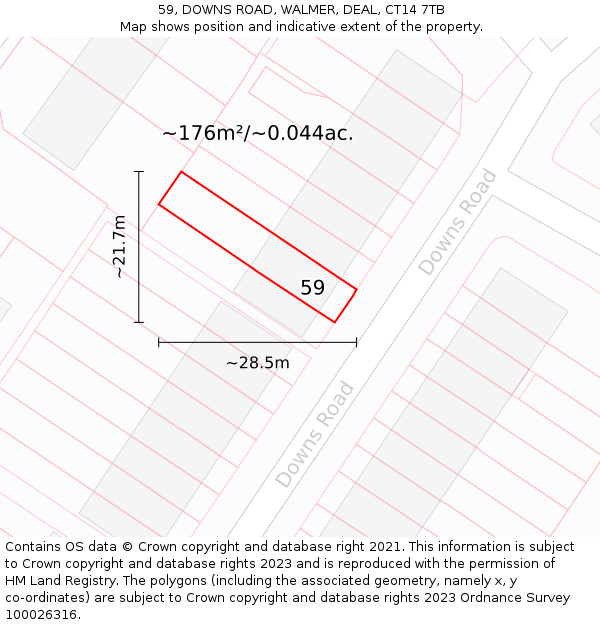 59, DOWNS ROAD, WALMER, DEAL, CT14 7TB: Plot and title map