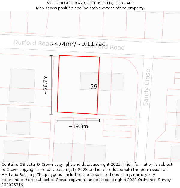 59, DURFORD ROAD, PETERSFIELD, GU31 4ER: Plot and title map