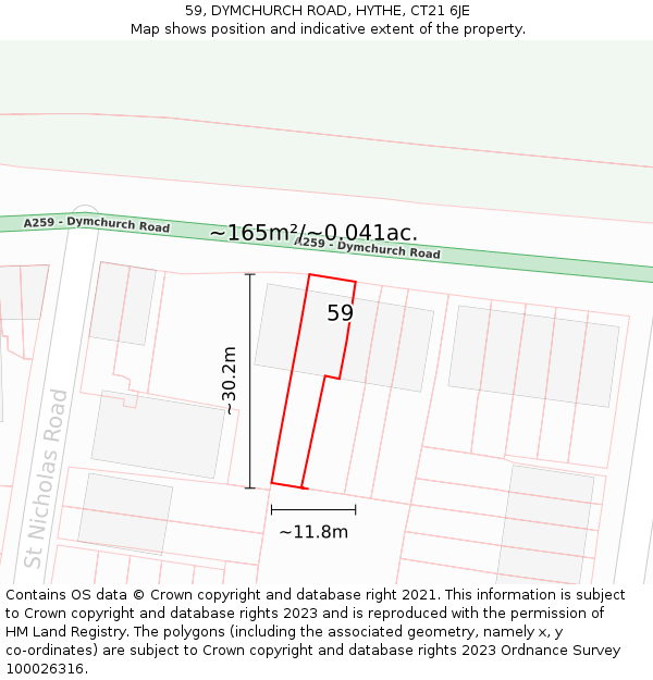 59, DYMCHURCH ROAD, HYTHE, CT21 6JE: Plot and title map
