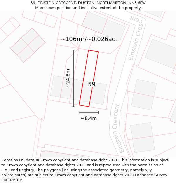 59, EINSTEIN CRESCENT, DUSTON, NORTHAMPTON, NN5 6FW: Plot and title map