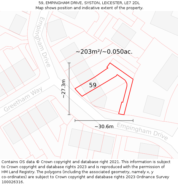 59, EMPINGHAM DRIVE, SYSTON, LEICESTER, LE7 2DL: Plot and title map