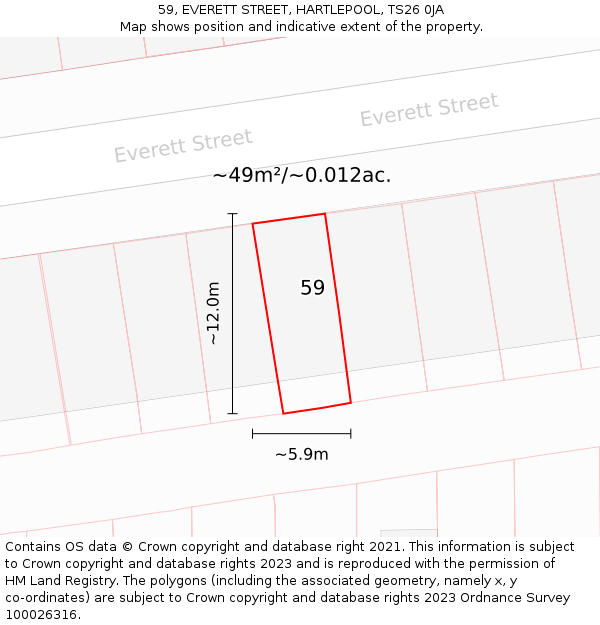59, EVERETT STREET, HARTLEPOOL, TS26 0JA: Plot and title map