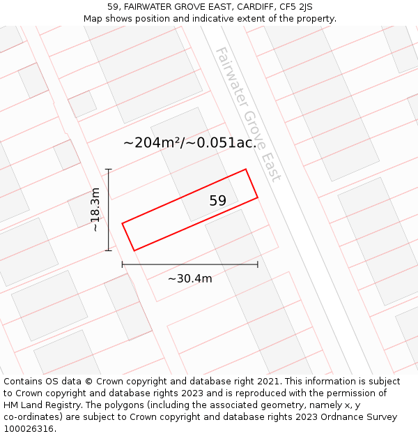 59, FAIRWATER GROVE EAST, CARDIFF, CF5 2JS: Plot and title map