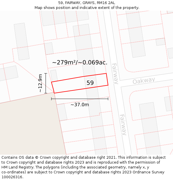 59, FAIRWAY, GRAYS, RM16 2AL: Plot and title map
