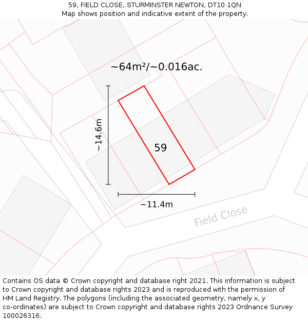59, FIELD CLOSE, STURMINSTER NEWTON, DT10 1QN: Plot and title map
