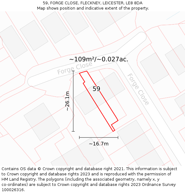 59, FORGE CLOSE, FLECKNEY, LEICESTER, LE8 8DA: Plot and title map