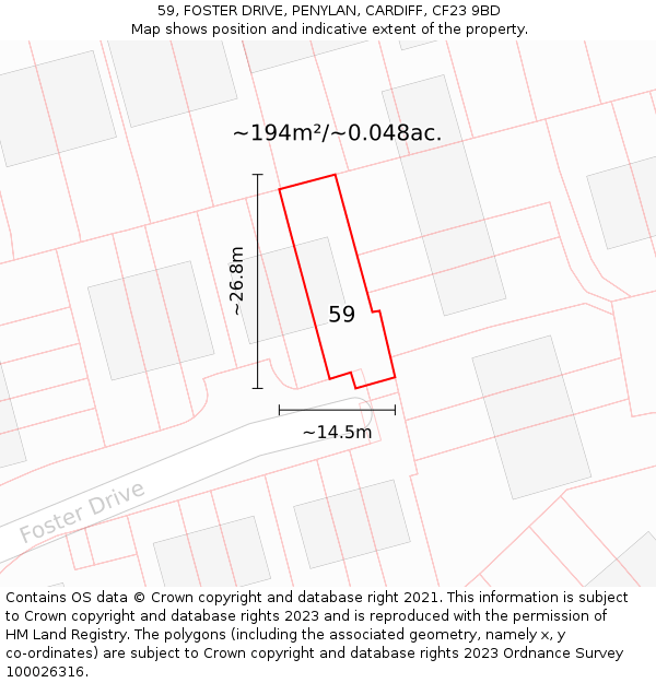 59, FOSTER DRIVE, PENYLAN, CARDIFF, CF23 9BD: Plot and title map