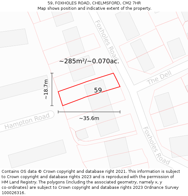 59, FOXHOLES ROAD, CHELMSFORD, CM2 7HR: Plot and title map