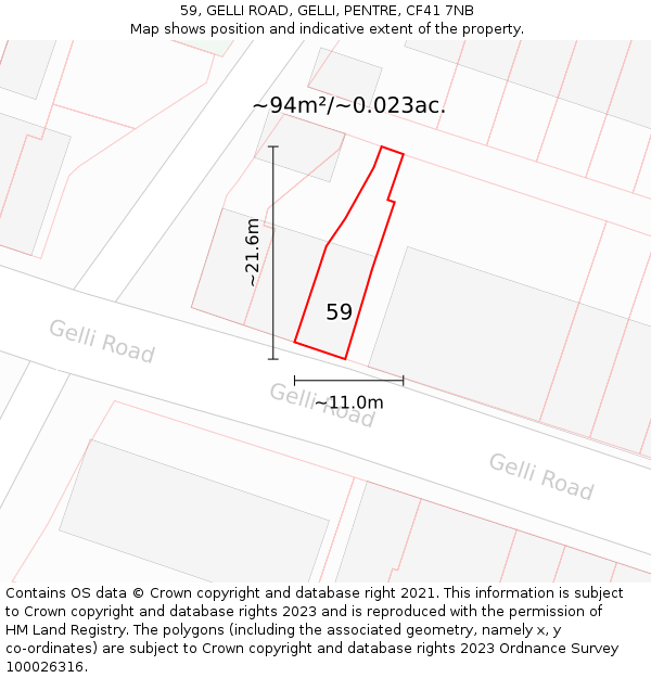 59, GELLI ROAD, GELLI, PENTRE, CF41 7NB: Plot and title map