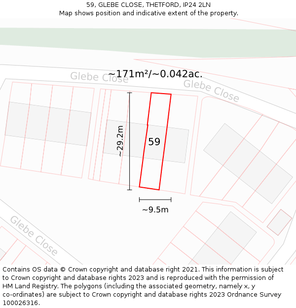 59, GLEBE CLOSE, THETFORD, IP24 2LN: Plot and title map