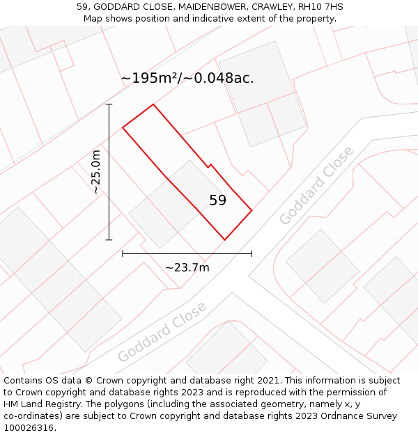 59, GODDARD CLOSE, MAIDENBOWER, CRAWLEY, RH10 7HS: Plot and title map